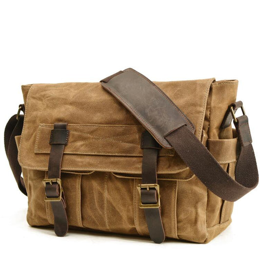 Men's Canvas Messenger Bag Tablet Stitching Retro Fashion Compartment Pockets Large