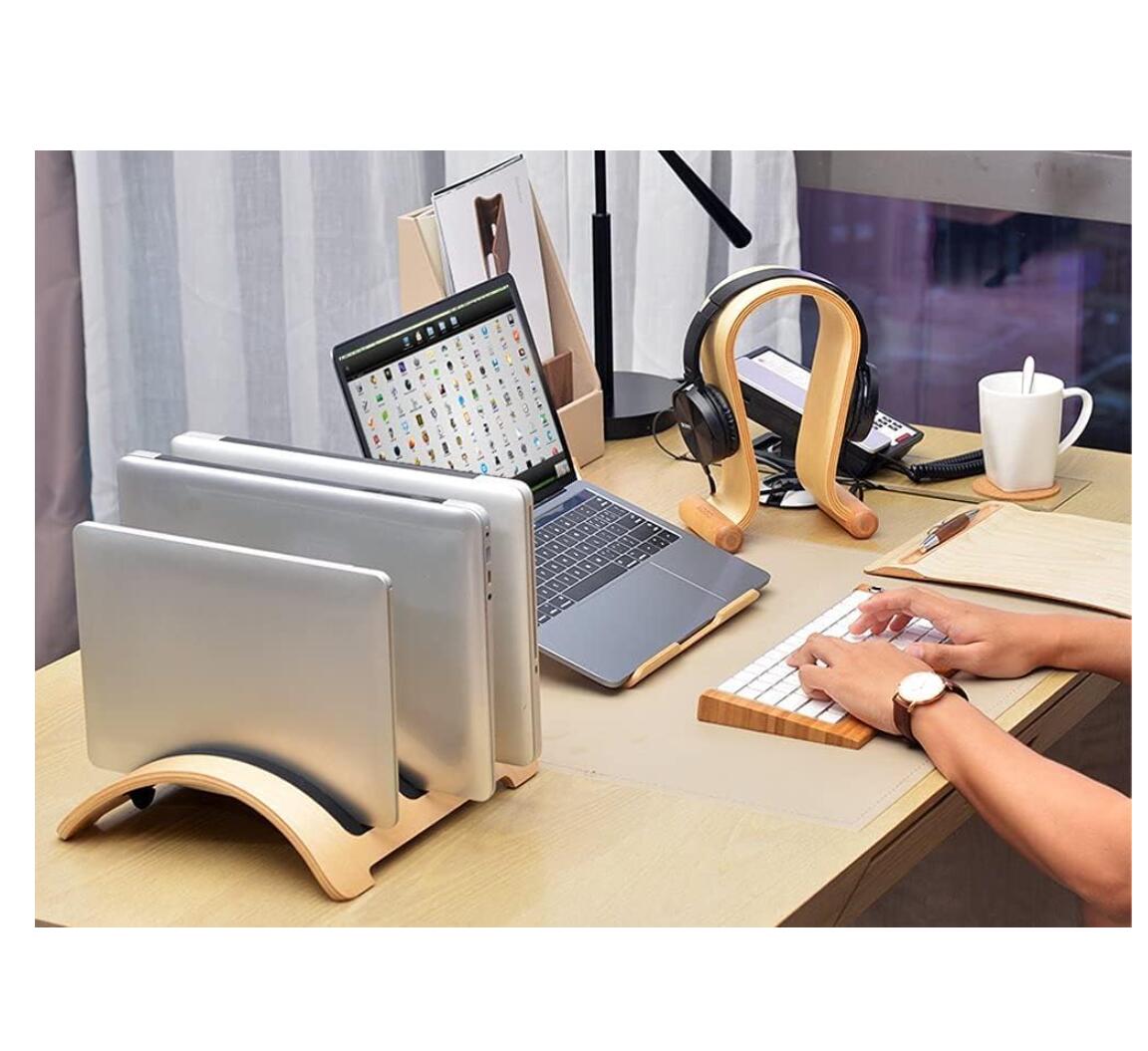 Birch Wood Laptop Stand 3-Slots Vertical Holder Space－Saving