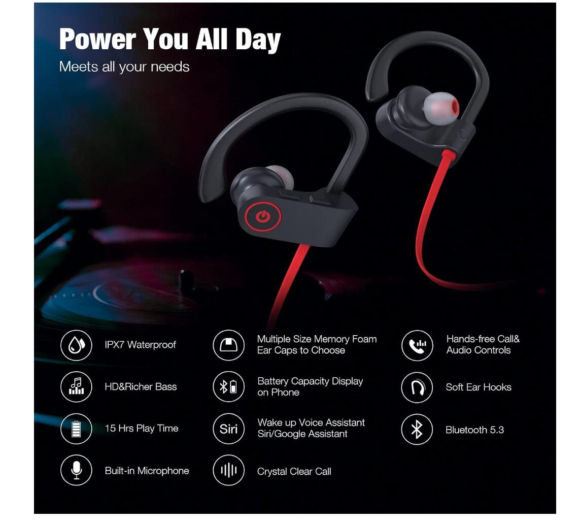 Bluetooth 5.3 16Hrs Playtime IPX7 Waterproof Earphone Running