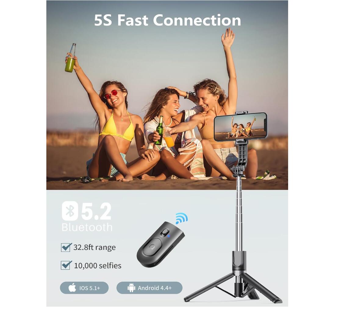 Bluetooth Selfie Stick with Light Wireless Remote Triple Portable