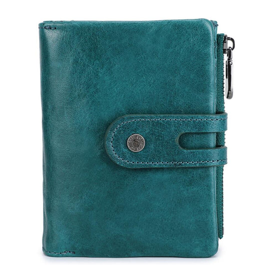 Women's Genuine Leather Wallet Airtag Tracker Slot RFID Anti-theft Brush 3 Fold Buckle