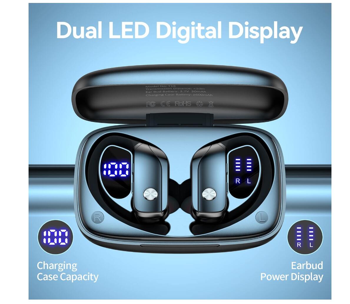 Dual LED Wireless Bluetooth Earbuds Sport Built-in Microphone