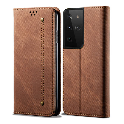 Retro Demin Wallet Leather Galaxy S22 Ultra Case Frosted TPU Shell