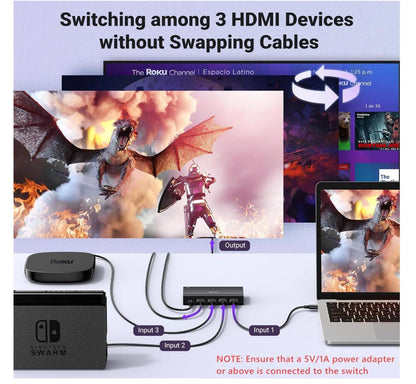 HDMI Switch Splitter with Remote 3-Ports 3D HDR HDCP2.2