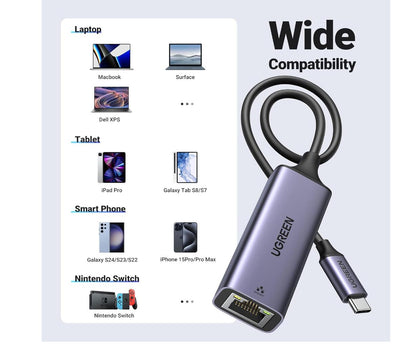 LAN Network Type-C  to Ethernet Cable Adapter 1.6ft Gigabit