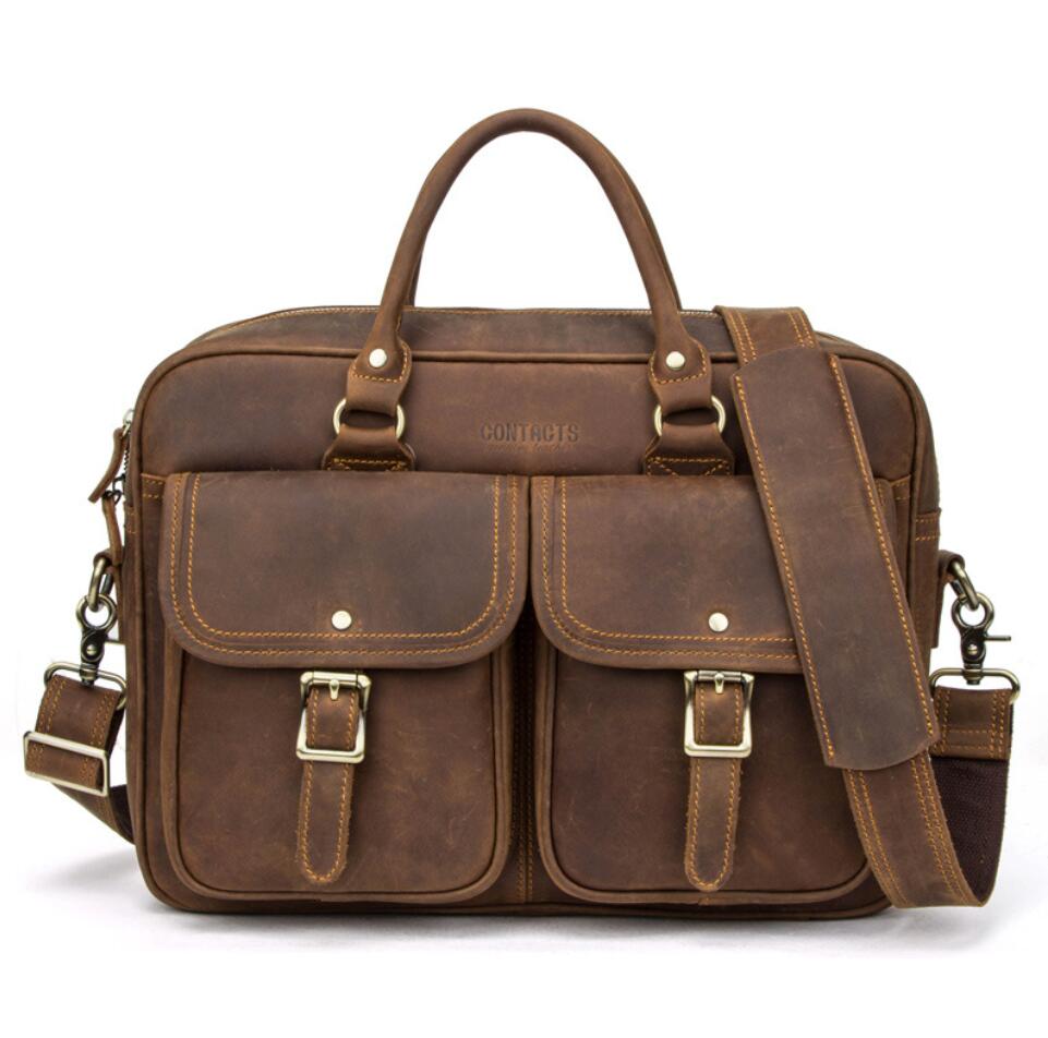 Men's Genuine Leather Briefcase Laptop Bag Business Retro Zipper Dual Pockets