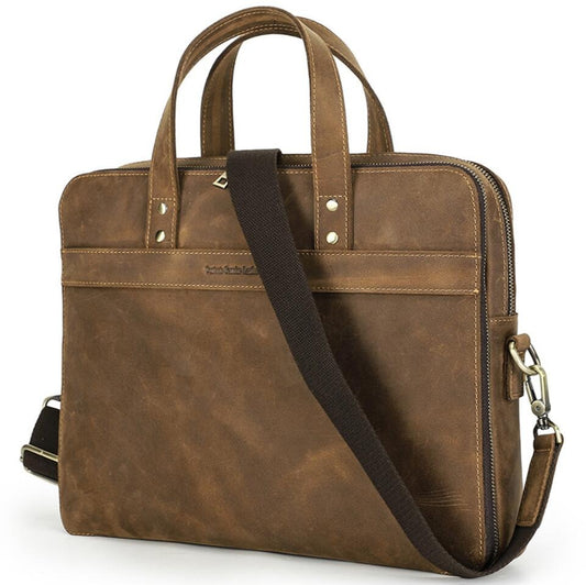 Men's Genuine Leather Briefcase Laptop Bag Multi Zipper Business