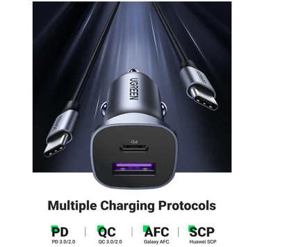 Max PD Fast Charging 30W USB-C Car Charger 2-Port with Cable