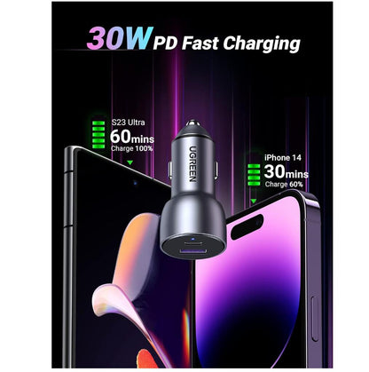 PD Fast Charging 30W USB-C Car Charger 2-Port SCP 22.5W