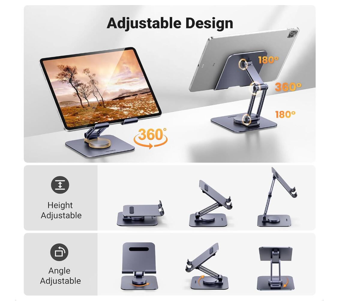 Tablet Stand Desk Swivel with 360 Rotating Base Holder Aluminum