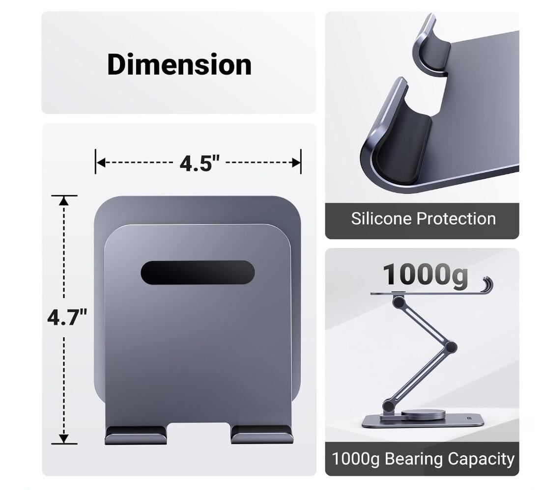 Tablet Stand Desk Swivel with 360 Rotating Base Holder Aluminum