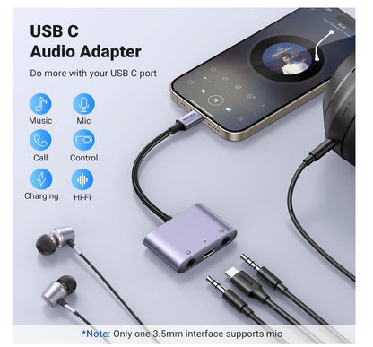 USB-C to 3.5mm Audio Adapter 3-in-1 Headphone Splitter PD 60W