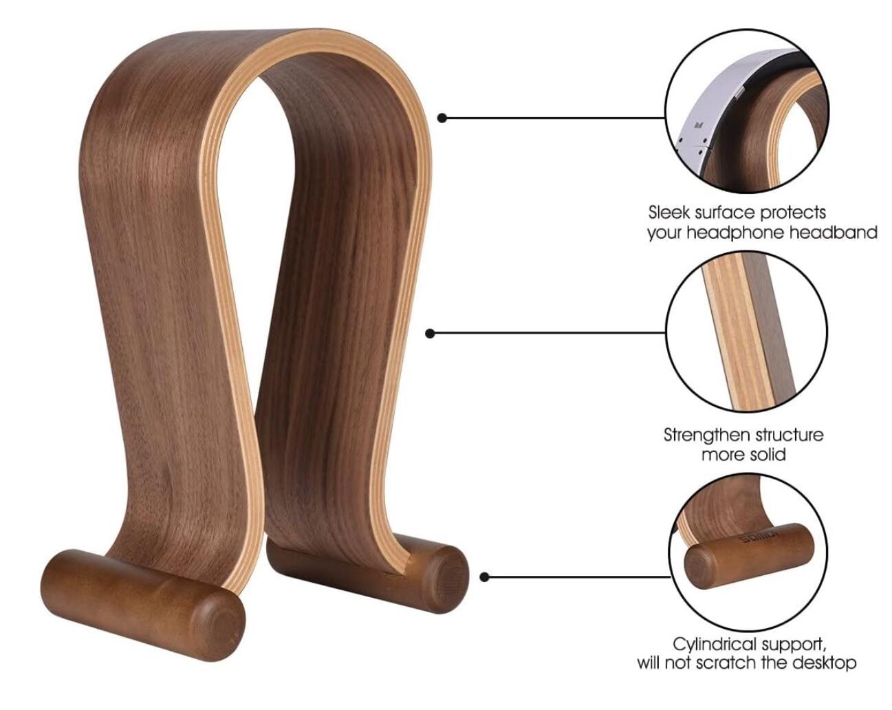 Walnut Wood Headset Stand Desk Holder Sturdy Elegant Unique