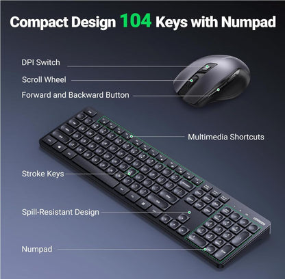 Wireless Keyboard 2.4Ghz with Mouse USB Receiver Ergonomic Slient