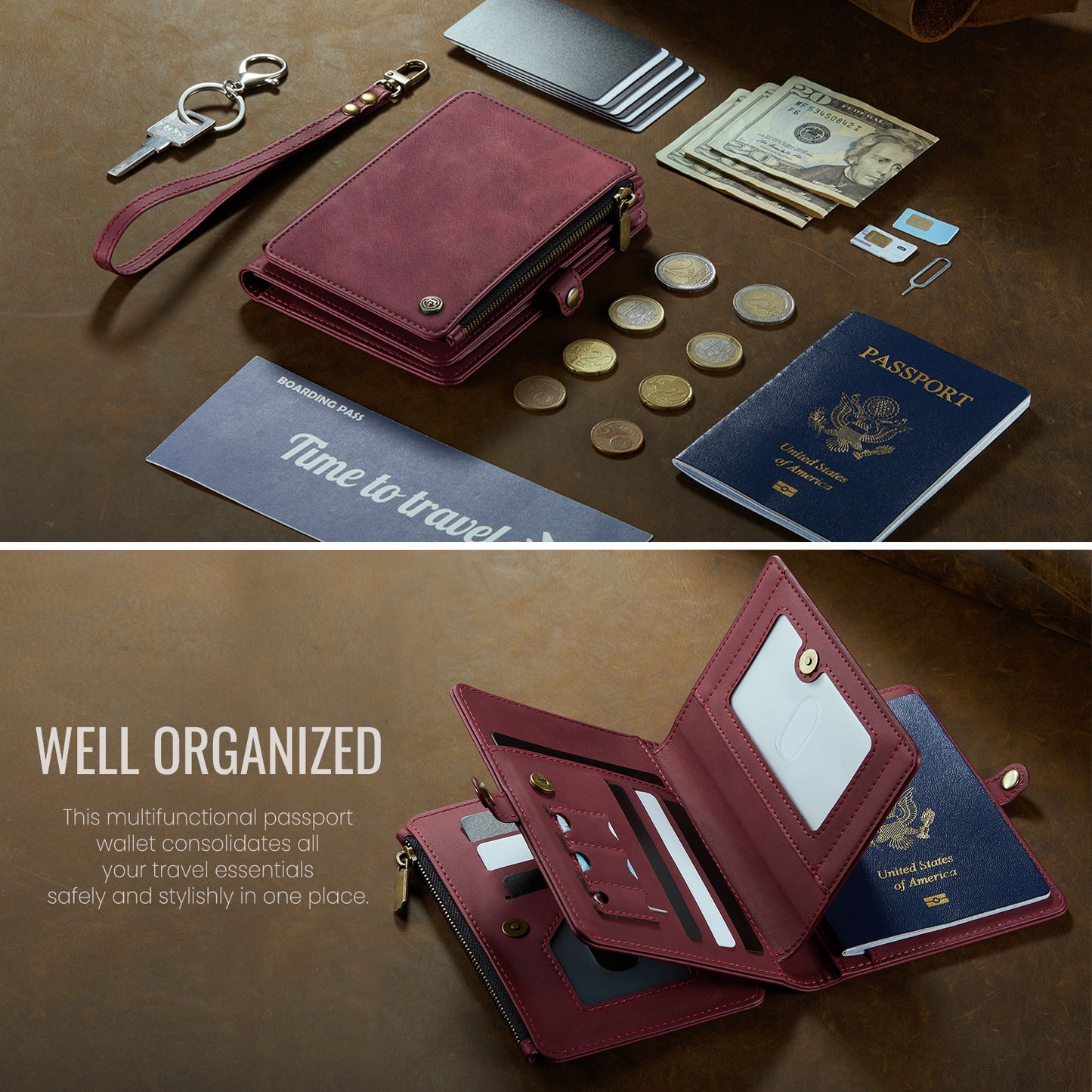 CaseMe Leather Multi-purpose Passport Case with Hand Strap