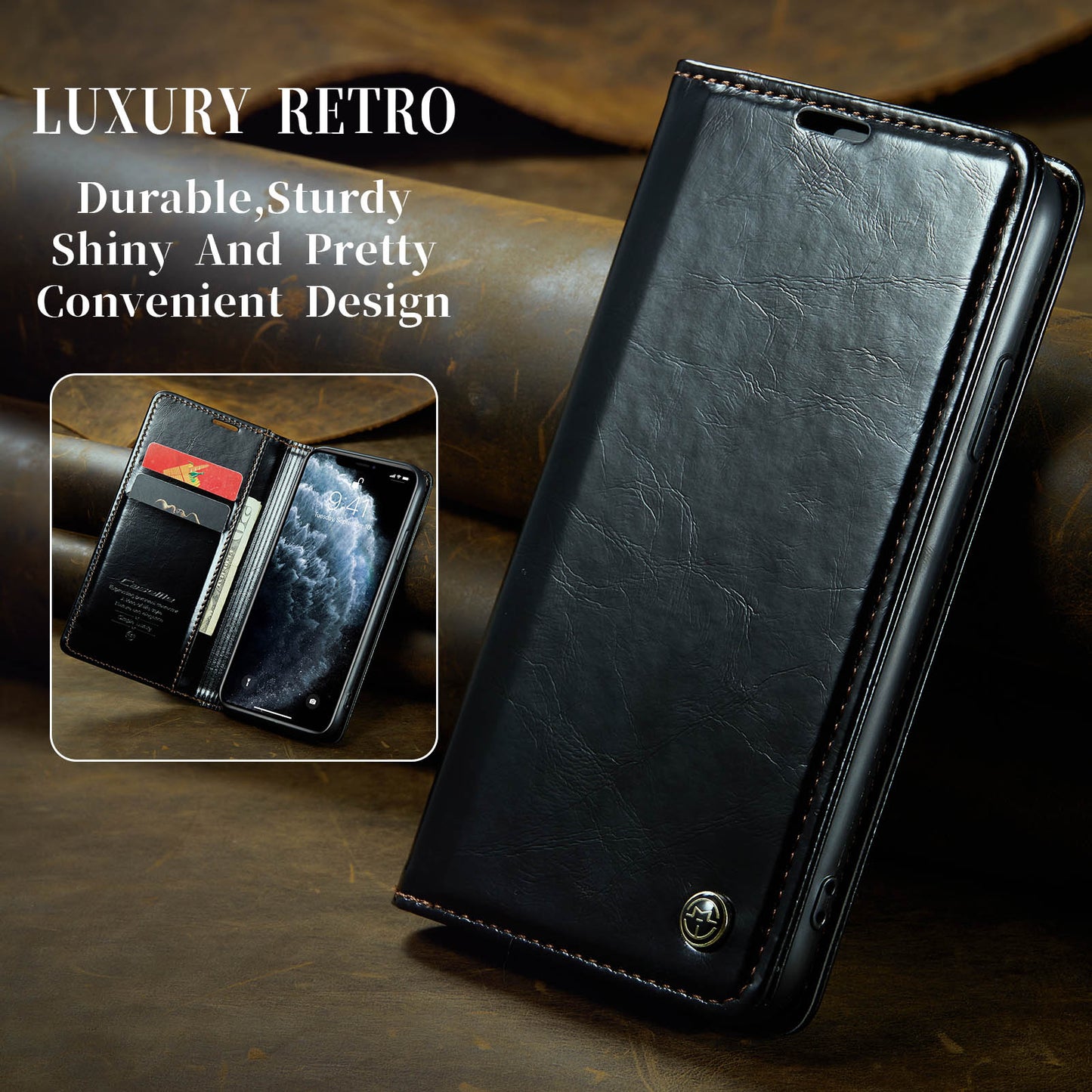 Luxury Retro Leather iPhone 11 Pro Max Case Sturdy Shiny Flip Stand