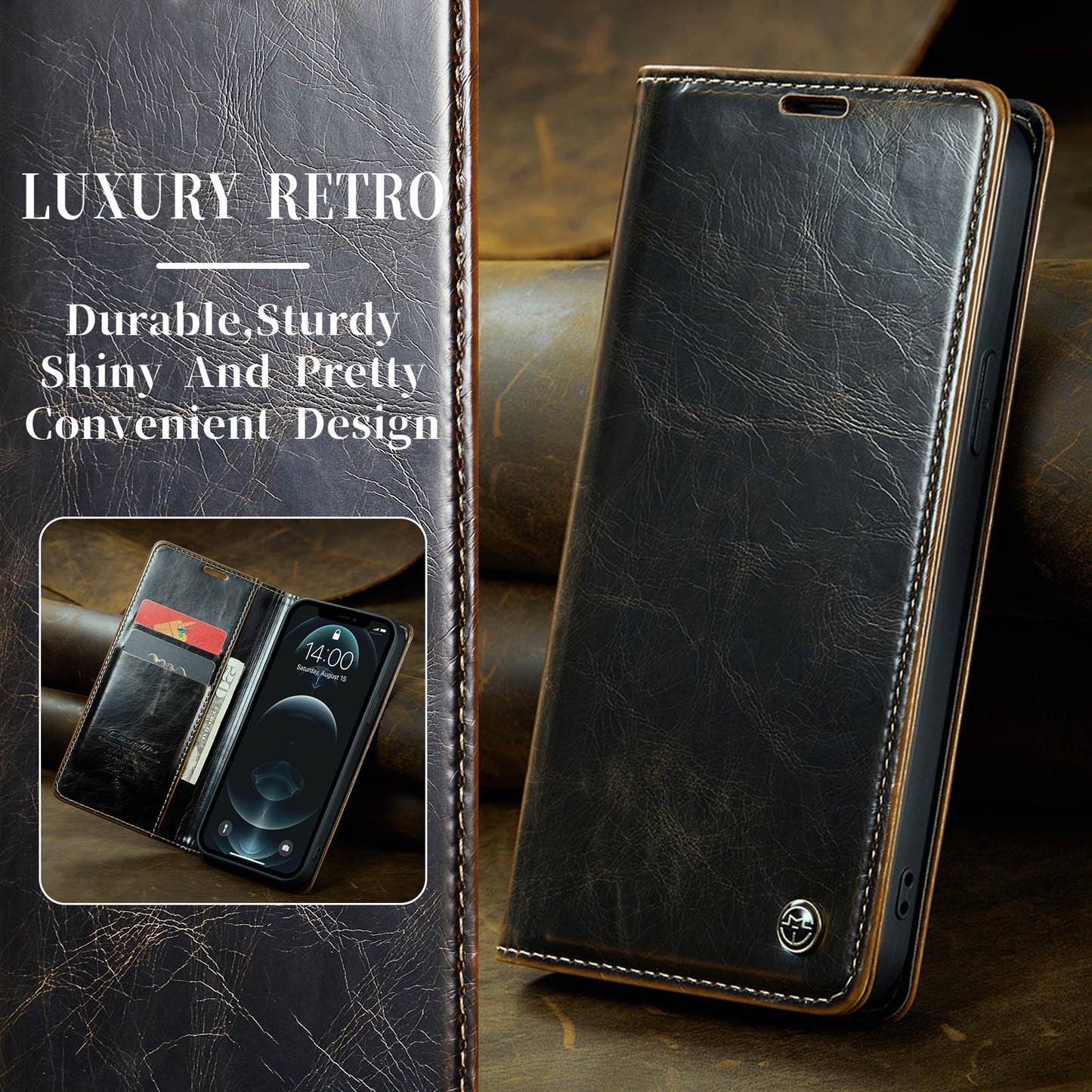 Luxury Retro Leather Apple iPhone 12 Pro Case Sturdy Shiny Flip Stand