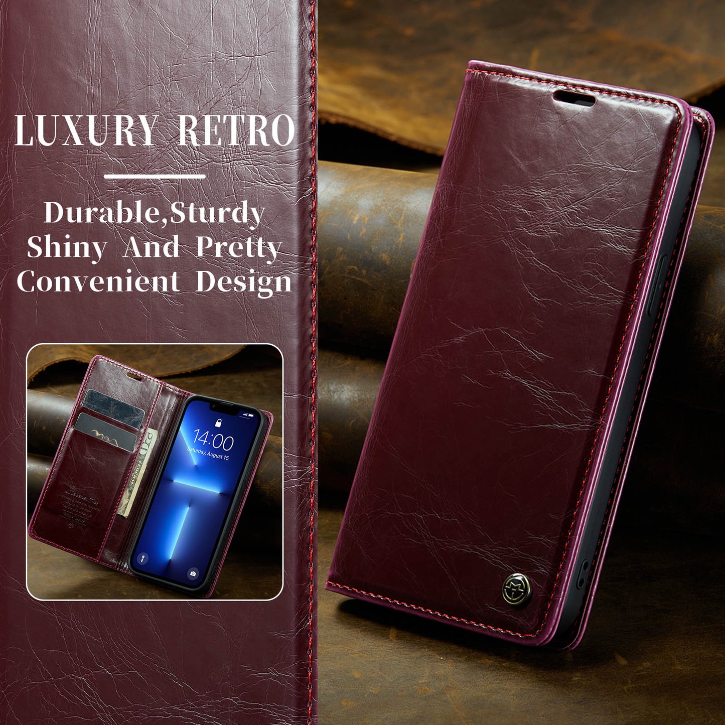 Luxury Retro Leather Apple iPhone 13 Pro Case Sturdy Shiny Flip Stand