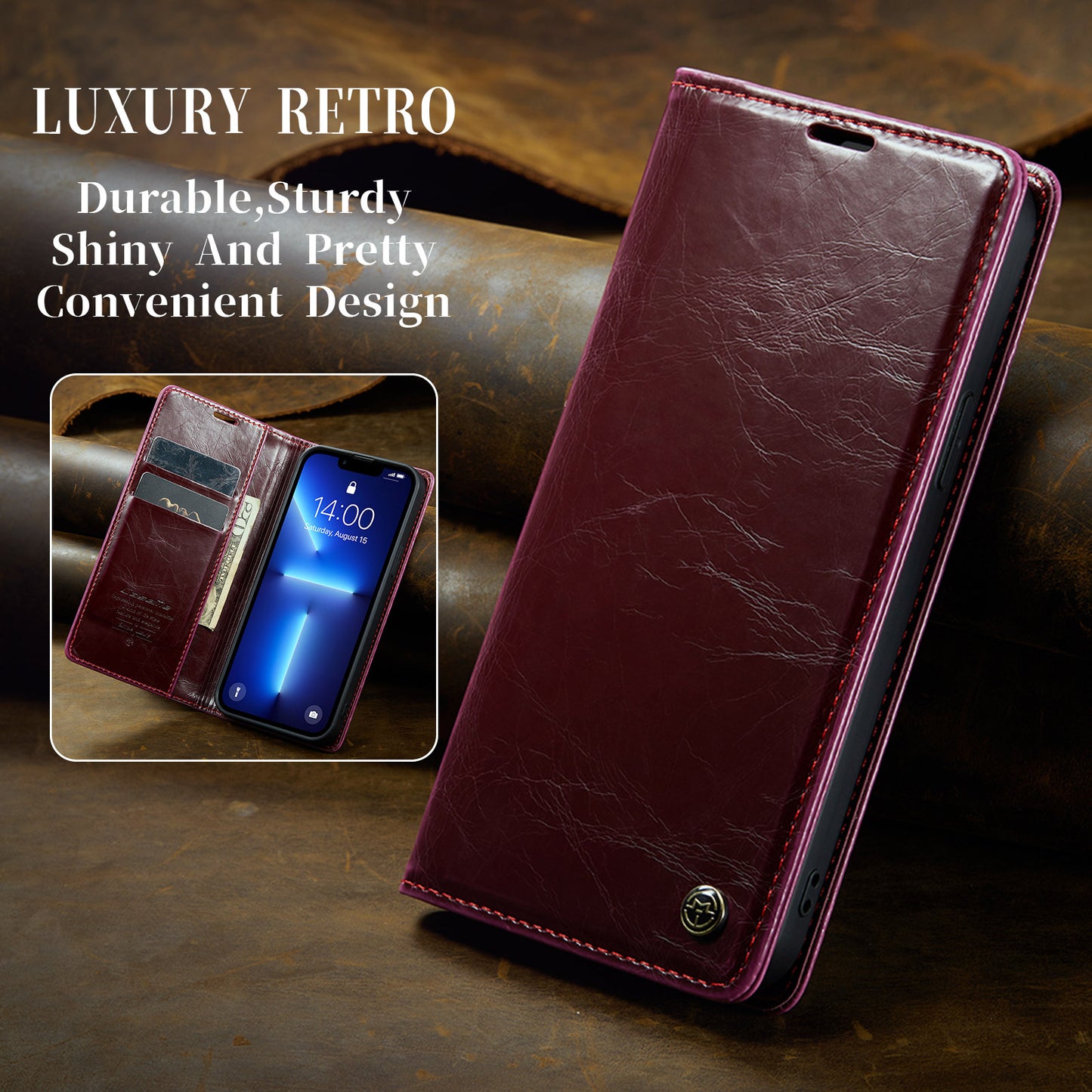 Luxury Retro Leather Apple iPhone 13 Pro Case Sturdy Shiny Flip Stand