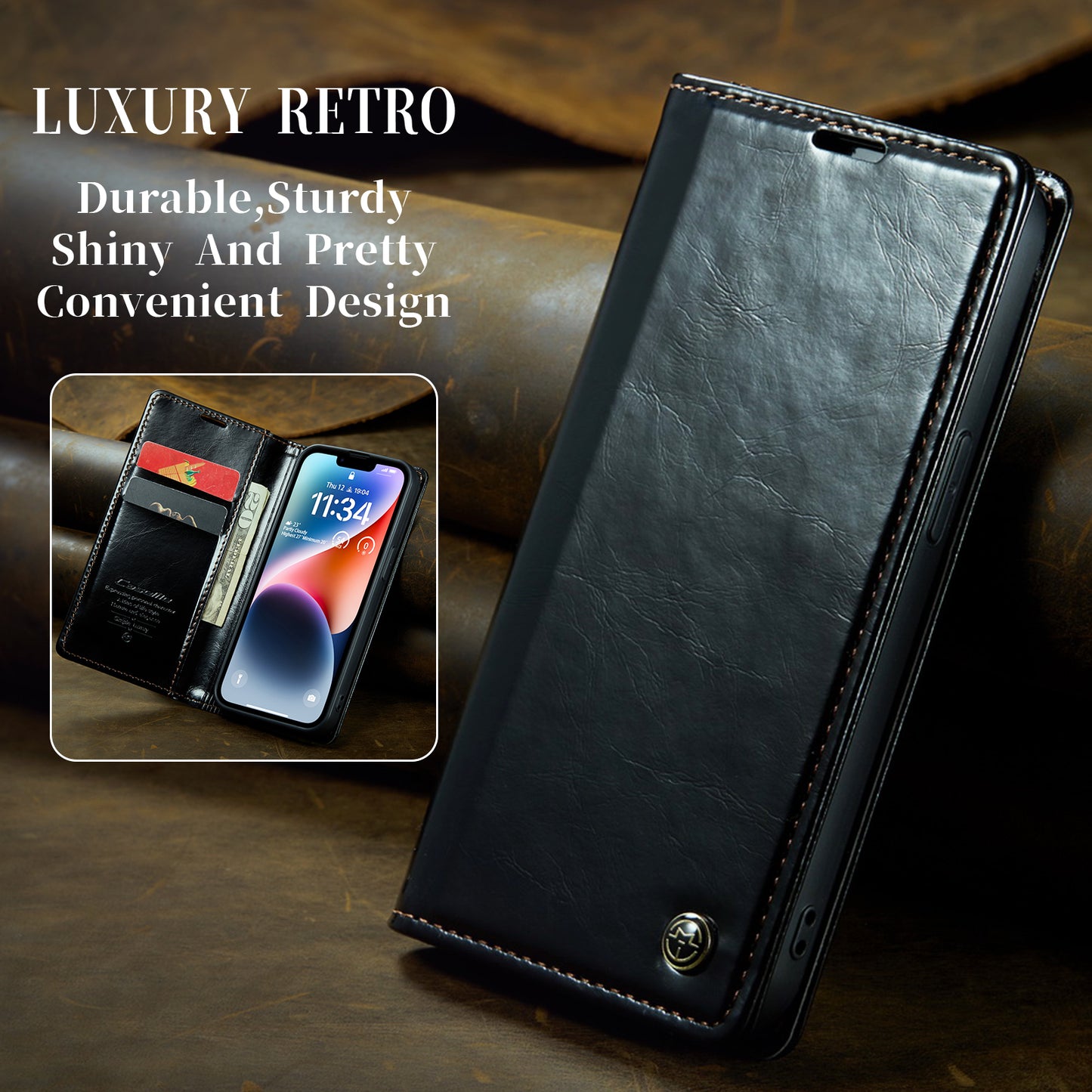 Luxury Retro Leather Apple iPhone 14 Plus Case Sturdy Shiny Flip Stand