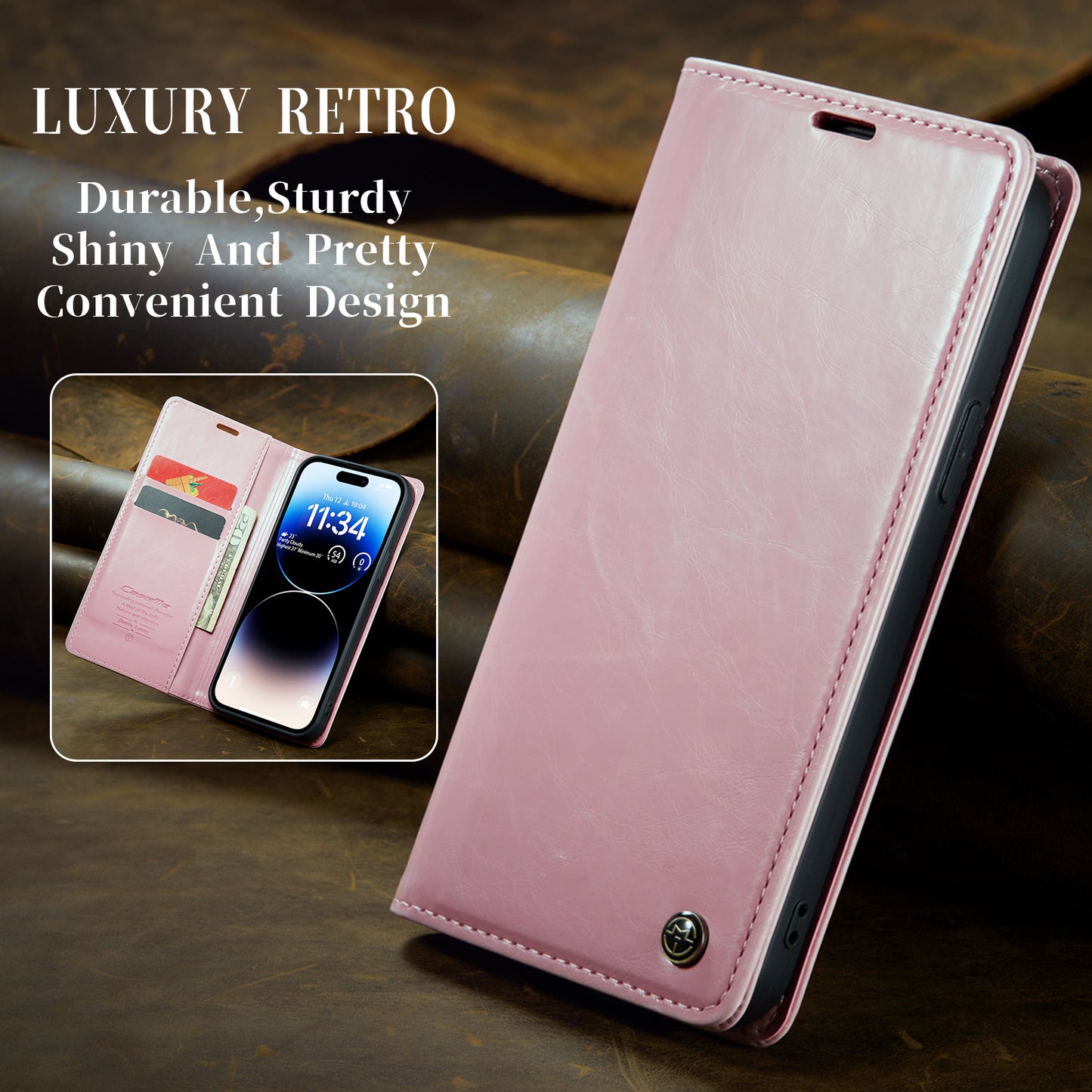 Luxury Retro Leather iPhone 14 Pro Max Case Sturdy Shiny Flip Stand