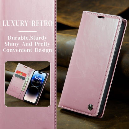 Luxury Retro Leather iPhone 14 Pro Max Case Sturdy Shiny Flip Stand