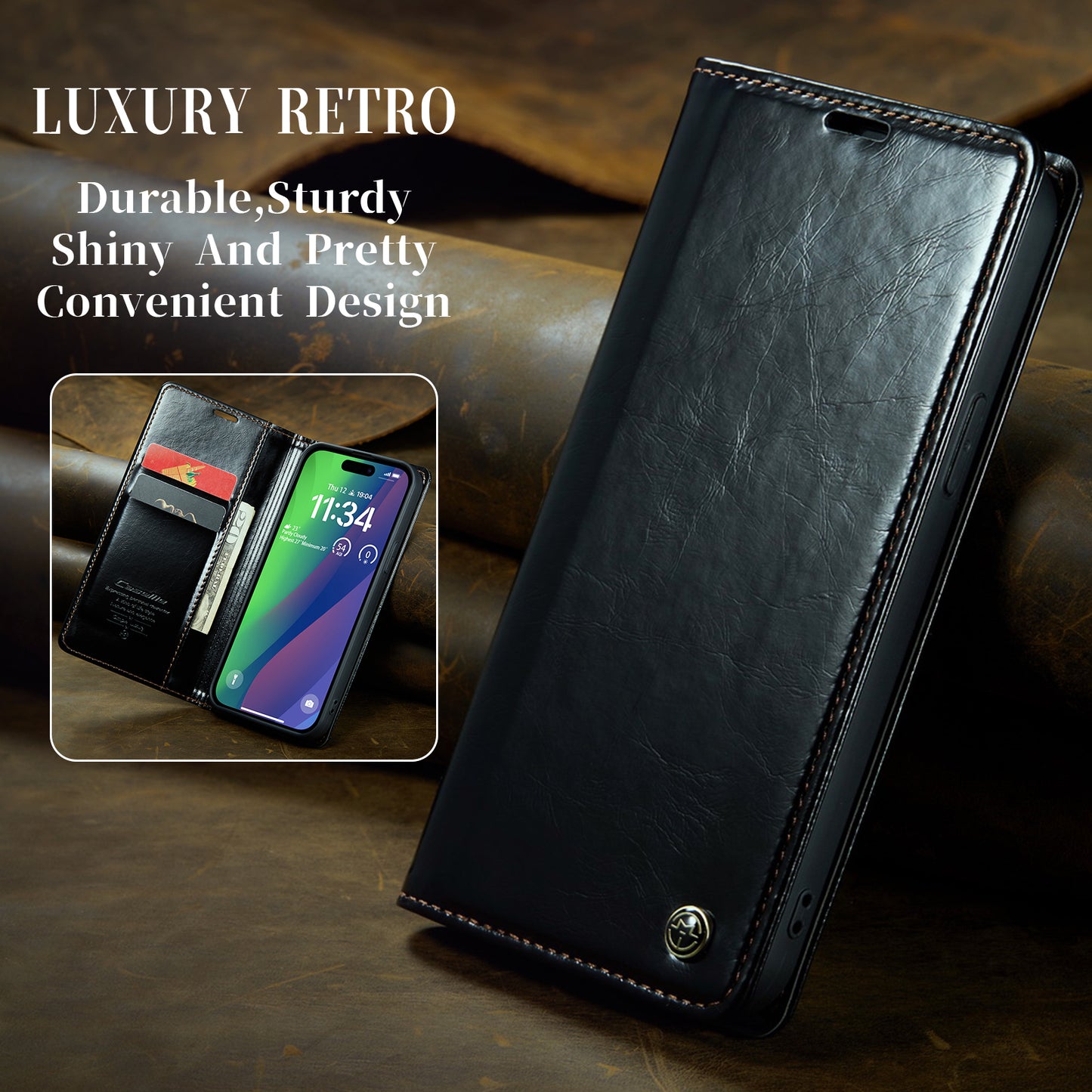 Luxury Retro Leather iPhone 16 Plus Case Sturdy Shiny Flip Stand