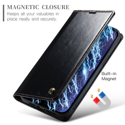 Luxury Retro Leather iPhone 16 Plus Case Sturdy Shiny Flip Stand