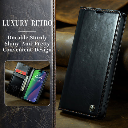 Luxury Retro Leather iPhone 16 Plus Case Sturdy Shiny Flip Stand