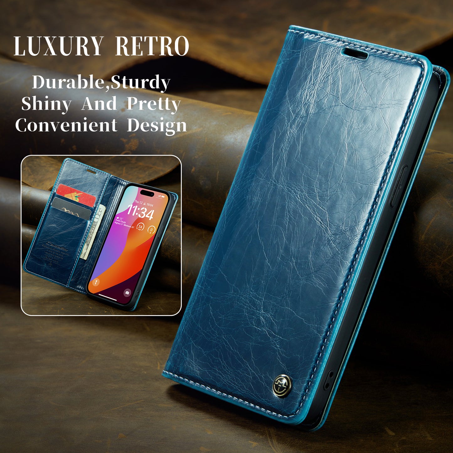 Luxury Retro Leather iPhone 15 Pro Max Case Sturdy Shiny Flip Stand