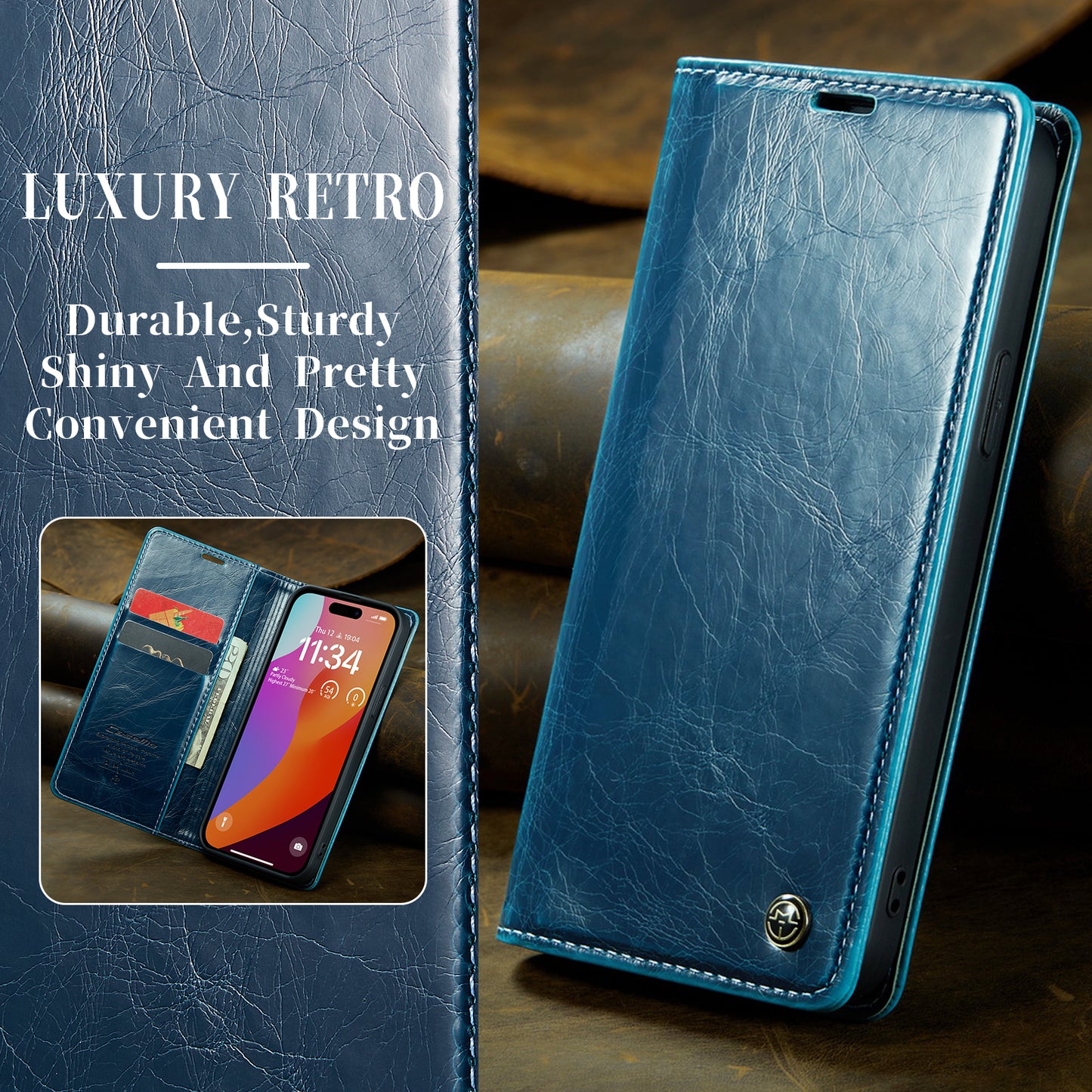 Luxury Retro Leather iPhone 15 Pro Max Case Sturdy Shiny Flip Stand