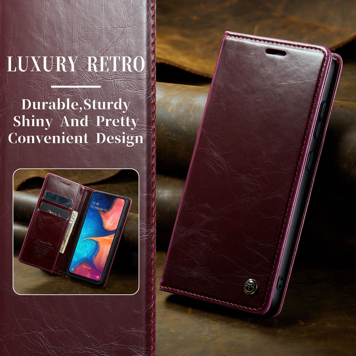 Luxury Retro Leather Samsung Galaxy A20 Case Sturdy Shiny Flip Stand