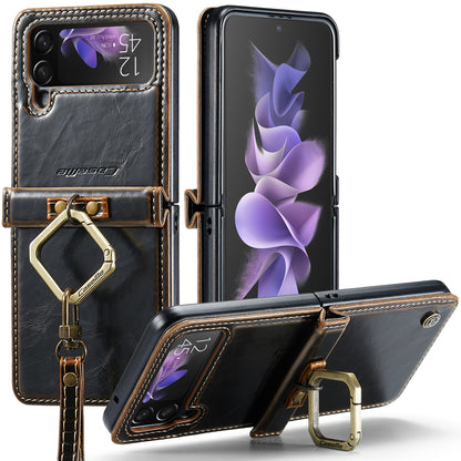 Luxury Leather Ring Holder Galaxy Z Flip3 Case Sturdy Shiny Flip Stand