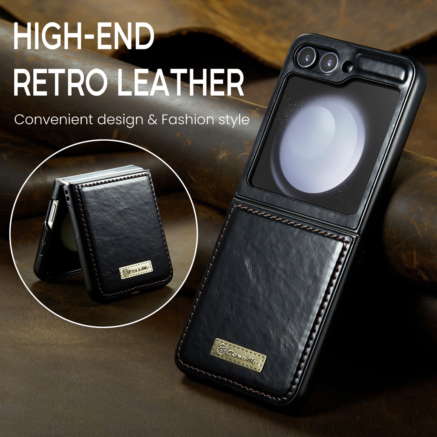 Luxury Retro Leather Galaxy Z Flip5 Case Sturdy Shiny Flip Stand