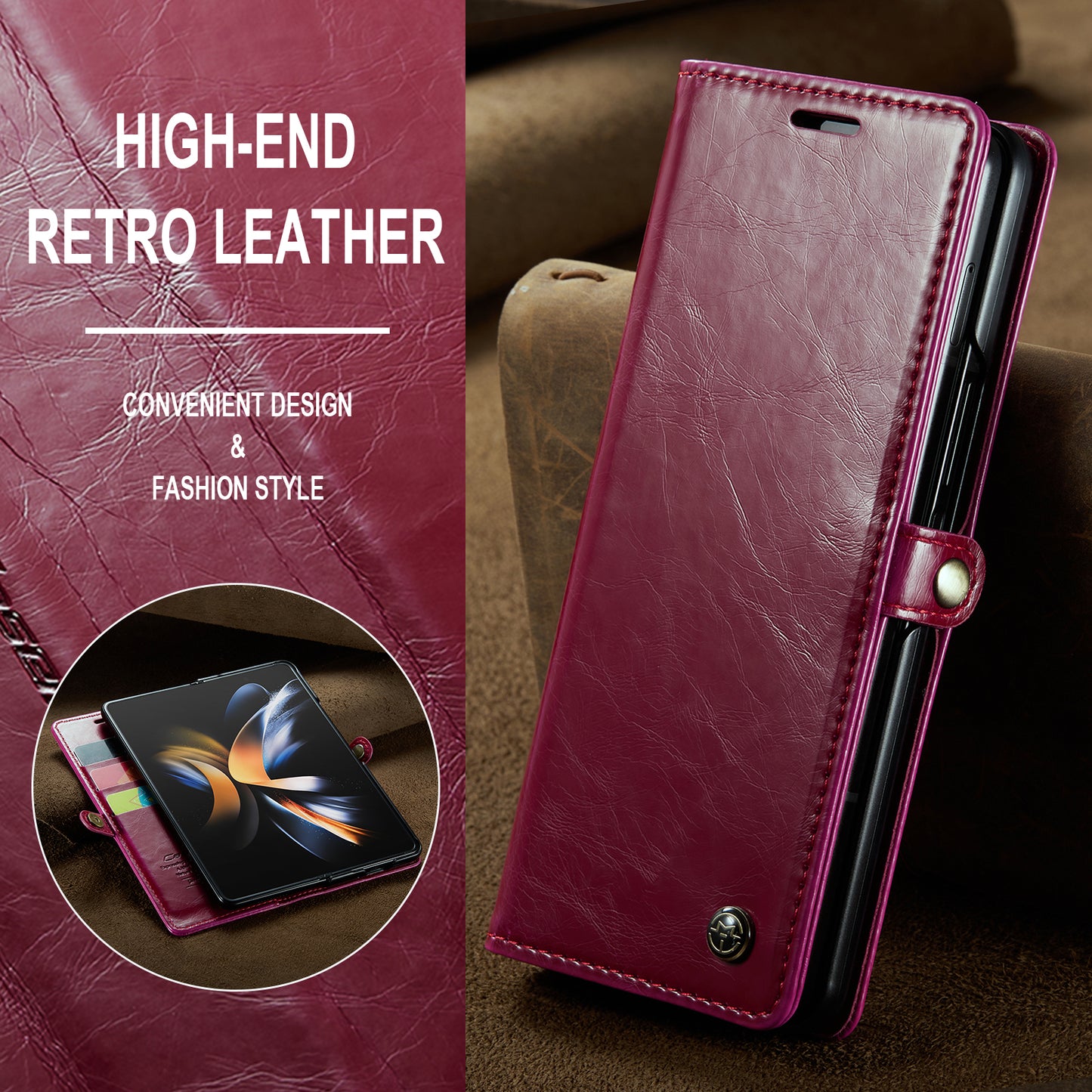 Luxury Retro Leather Galaxy Z Fold4 Case Sturdy Shiny Flip Stand