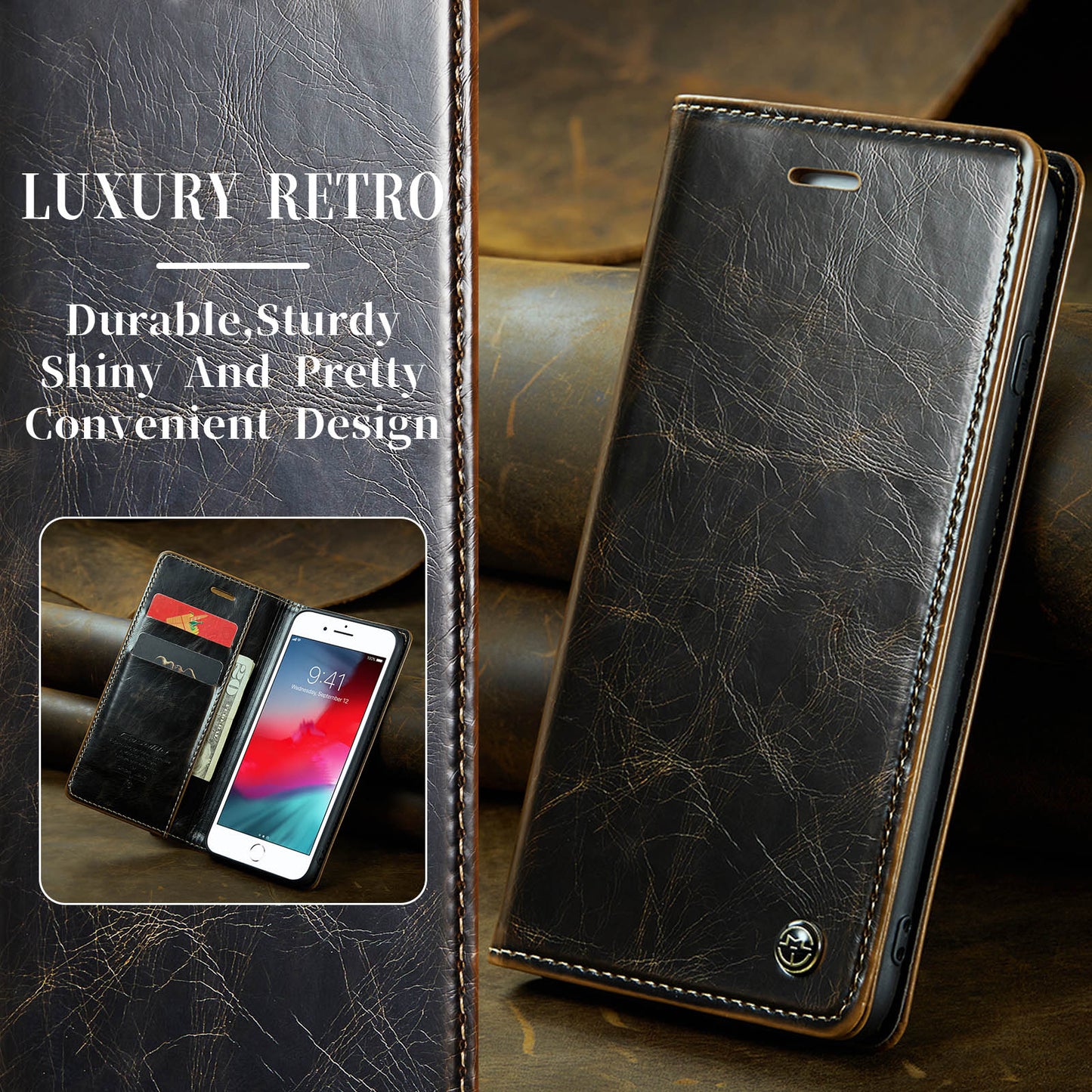 Luxury Retro Leather Apple iPhone 6 Plus Case Sturdy Shiny Flip Stand