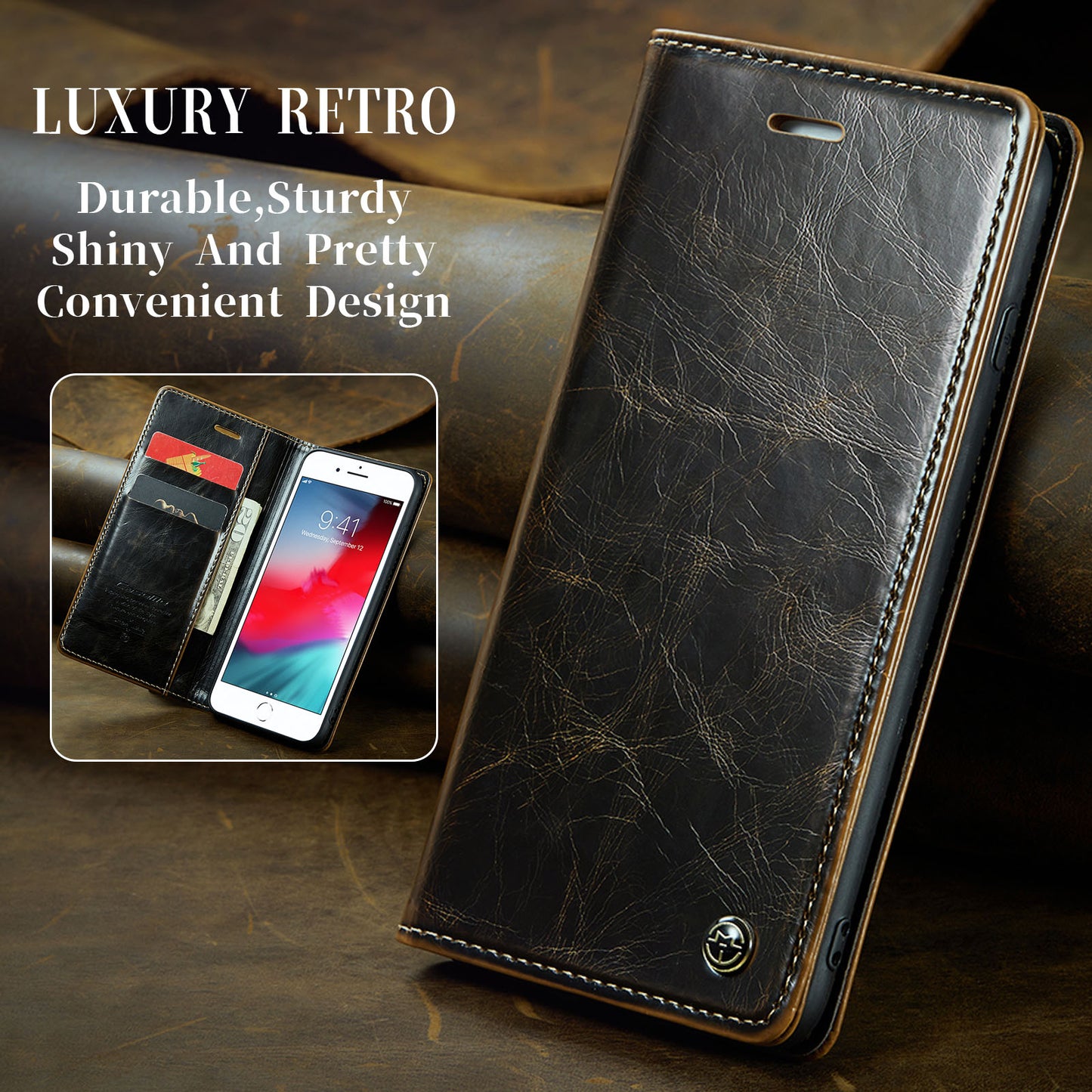 Luxury Retro Leather Apple iPhone 6 Plus Case Sturdy Shiny Flip Stand