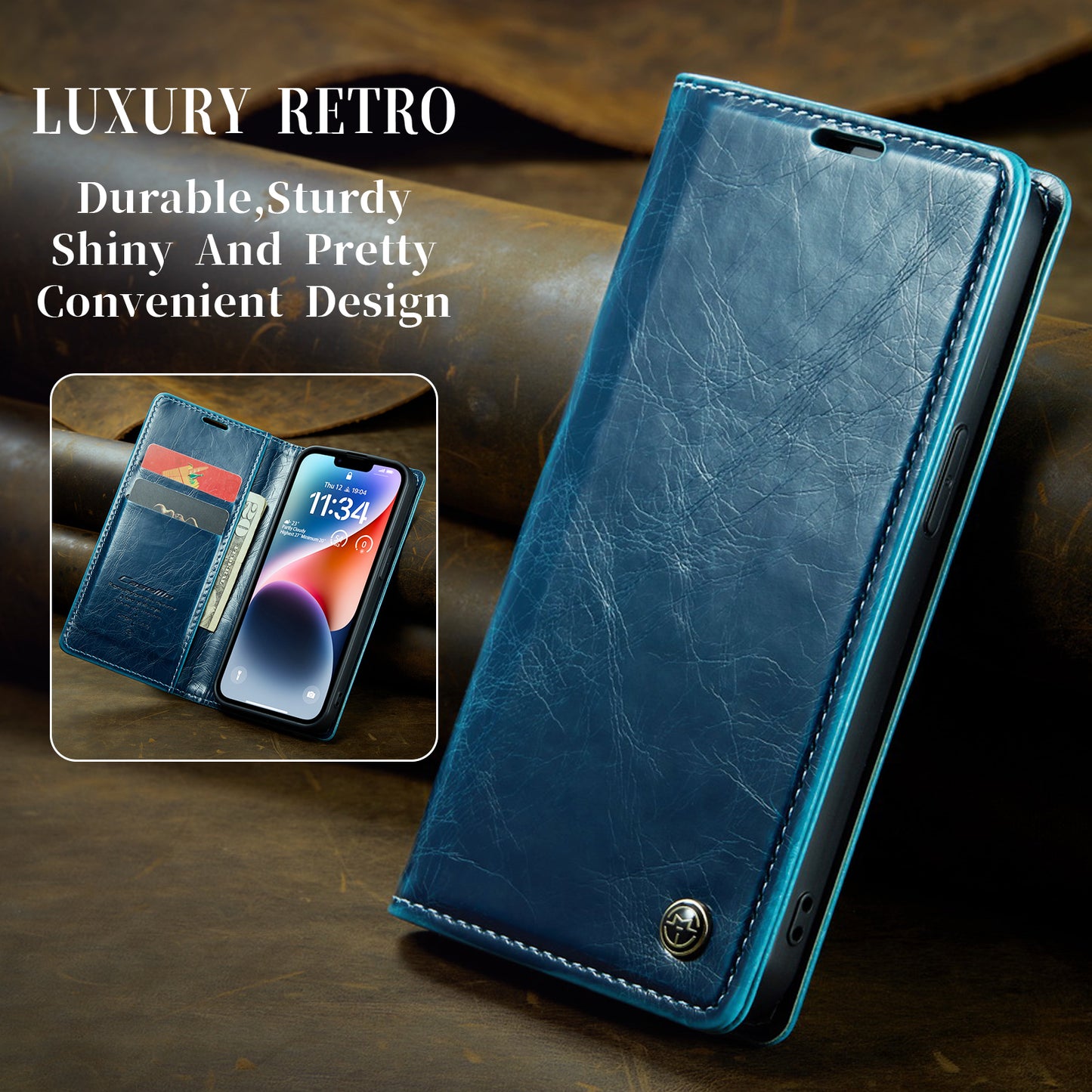 Luxury Retro Leather Apple iPhone 14 Case Sturdy Shiny Flip Stand