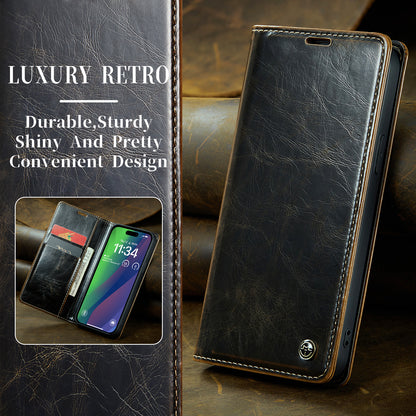 Luxury Retro Leather iPhone 16 Case Sturdy Shiny Flip Stand