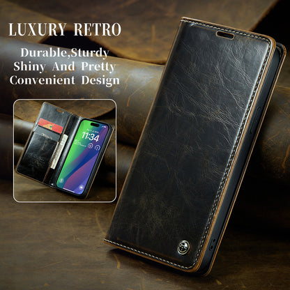 Luxury Retro Leather iPhone 16 Case Sturdy Shiny Flip Stand