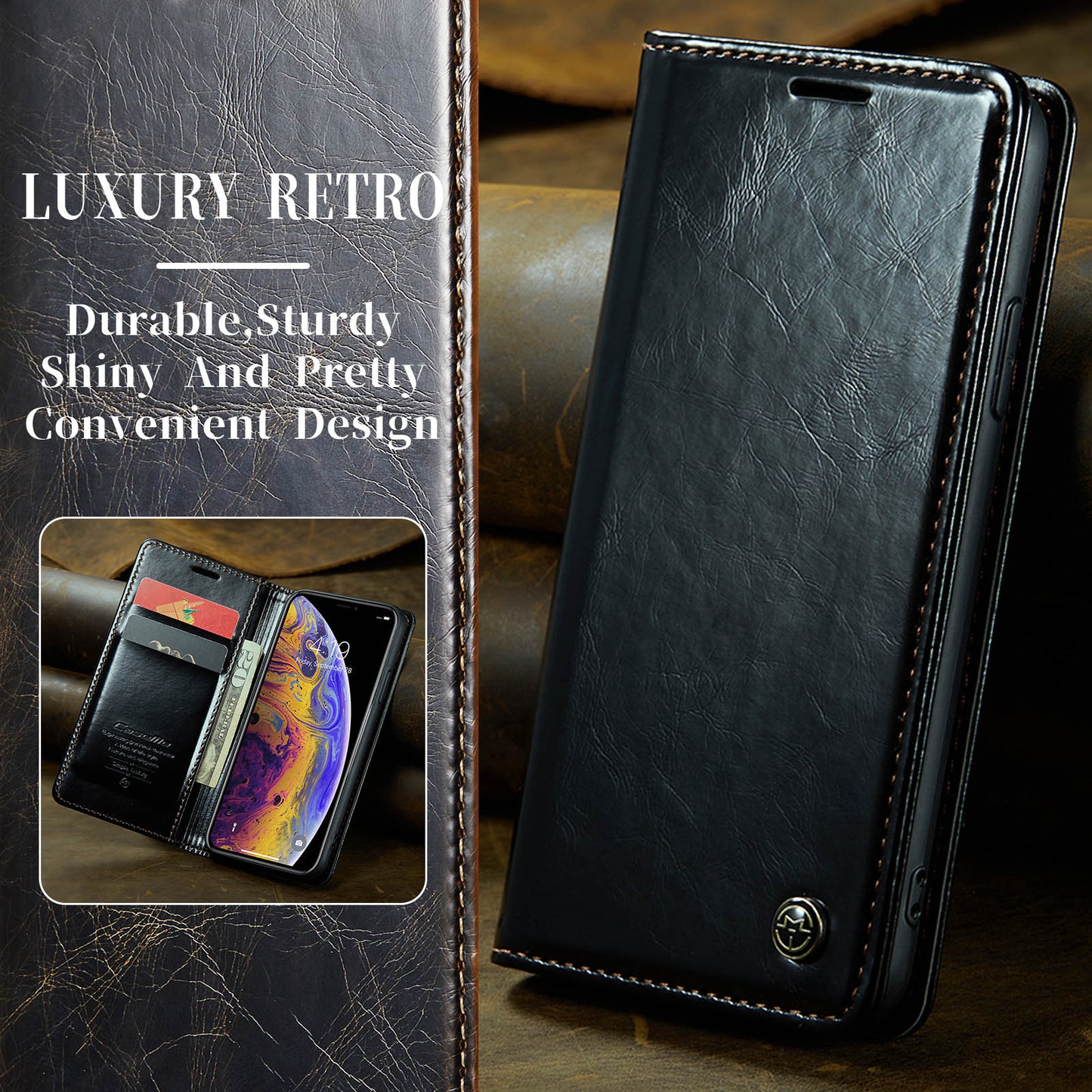 Luxury Retro Leather Apple iPhone Xs Case Sturdy Shiny Flip Stand