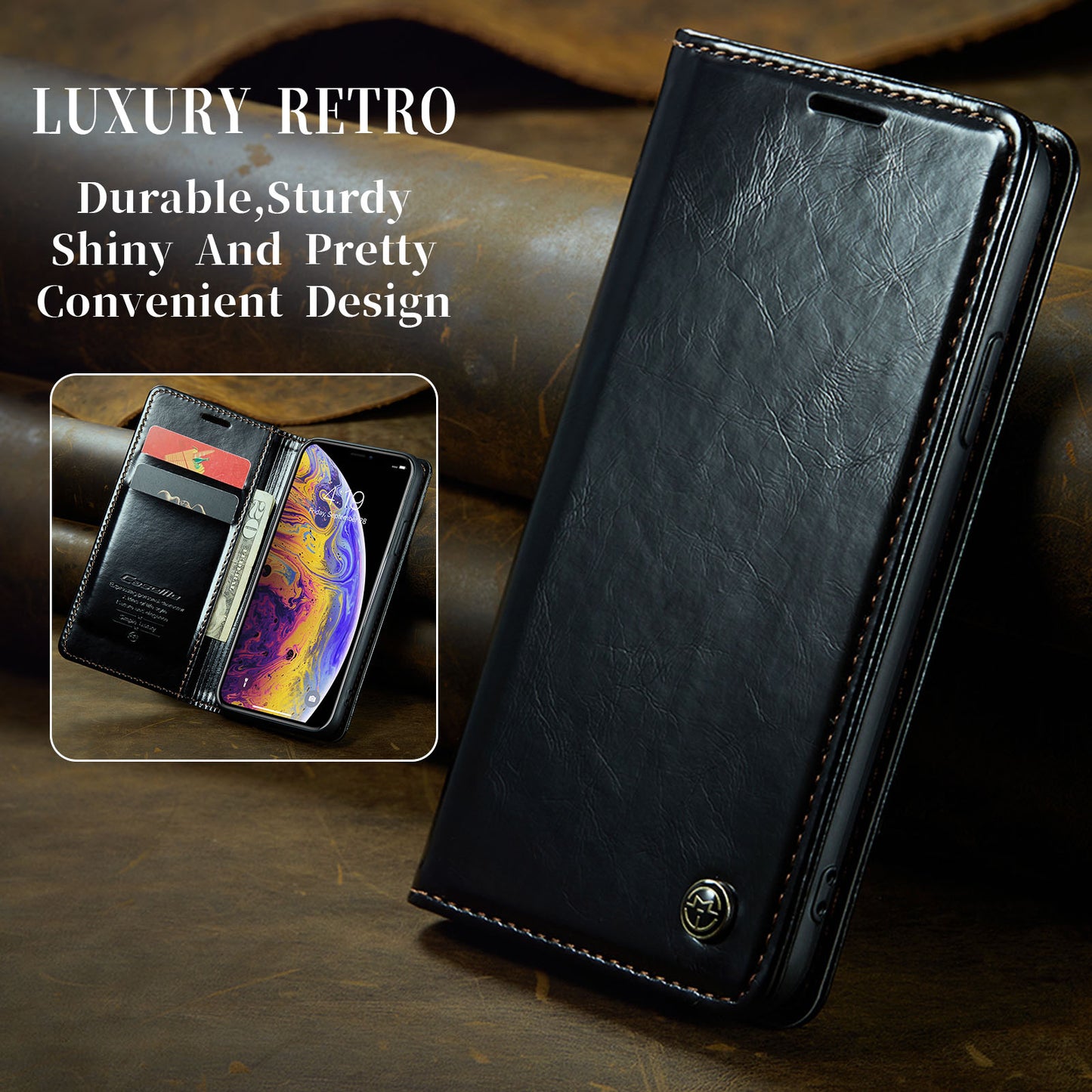 Luxury Retro Leather Apple iPhone Xs Case Sturdy Shiny Flip Stand