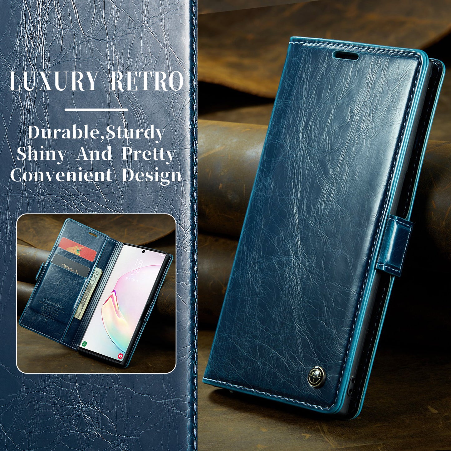 Luxury Retro Leather Galaxy Note10+ Case Sturdy Shiny Flip Stand