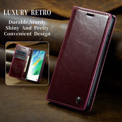 Luxury Retro Leather Galaxy S21 FE Case Sturdy Shiny Flip Stand