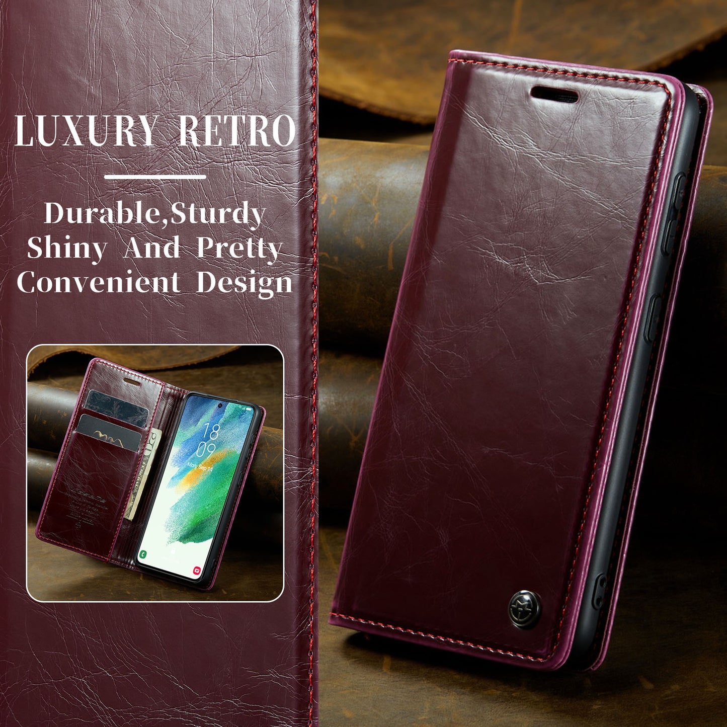 Luxury Retro Leather Galaxy S21 FE Case Sturdy Shiny Flip Stand