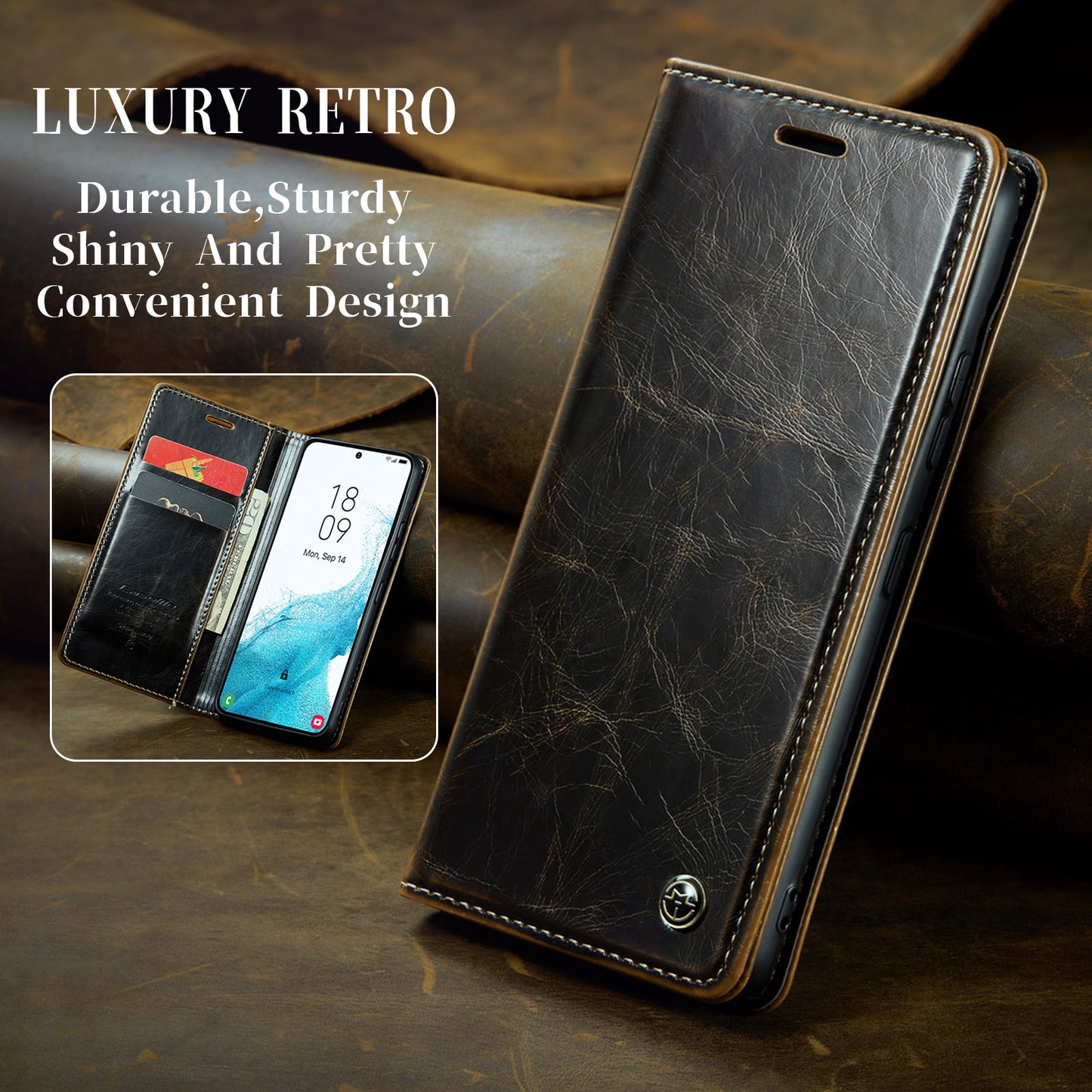 Luxury Retro Leather Samsung Galaxy S22+ Case Sturdy Shiny Flip Stand