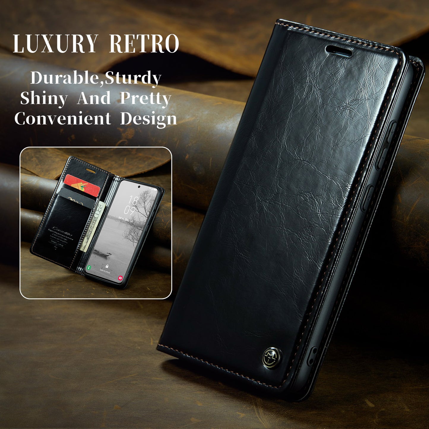 Luxury Retro Leather Samsung Galaxy S23 Case Sturdy Shiny Flip Stand