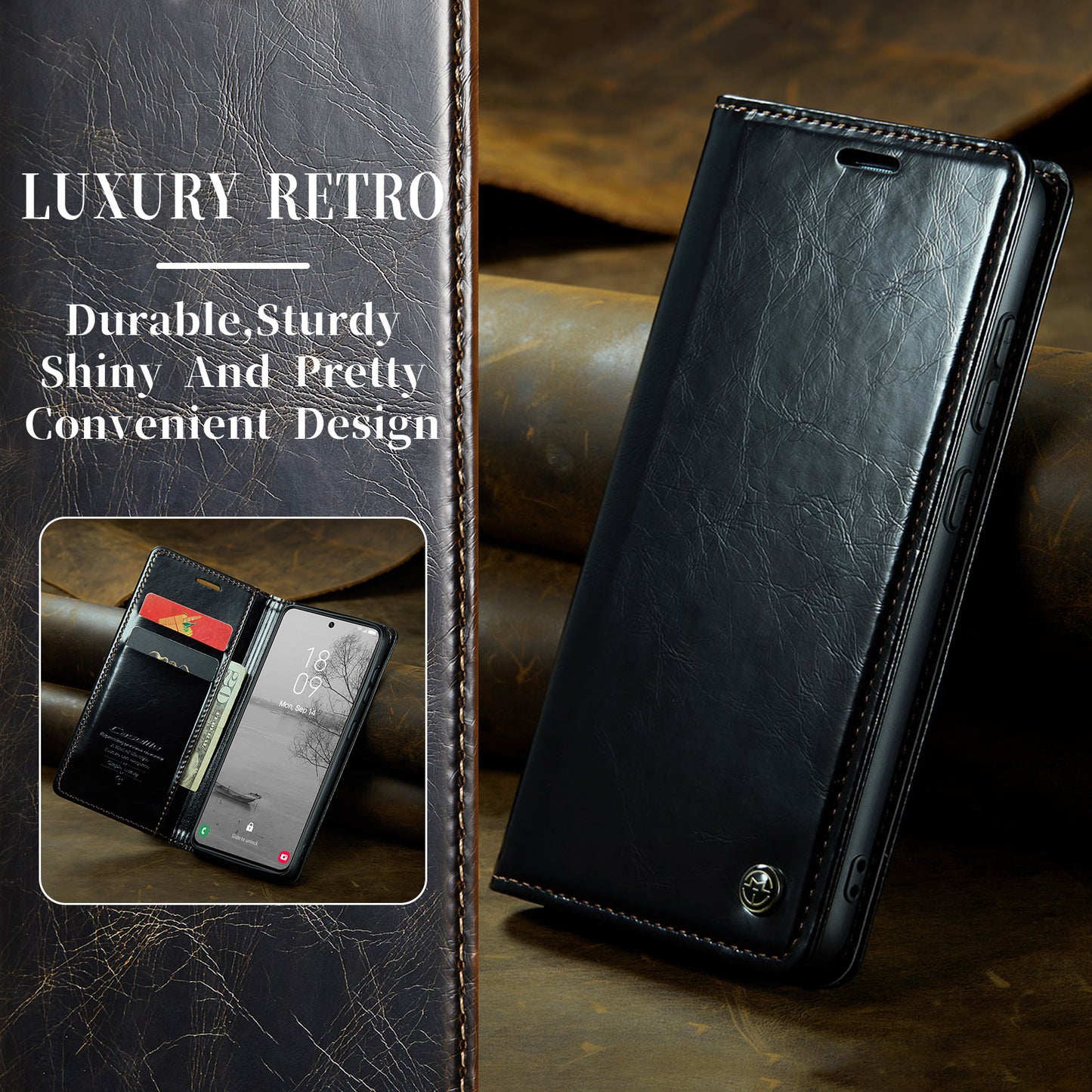 Luxury Retro Leather Samsung Galaxy S23 Case Sturdy Shiny Flip Stand