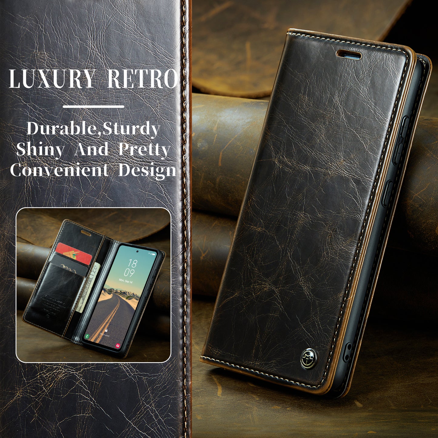 Luxury Retro Leather Galaxy S23 FE Case Sturdy Shiny Flip Stand