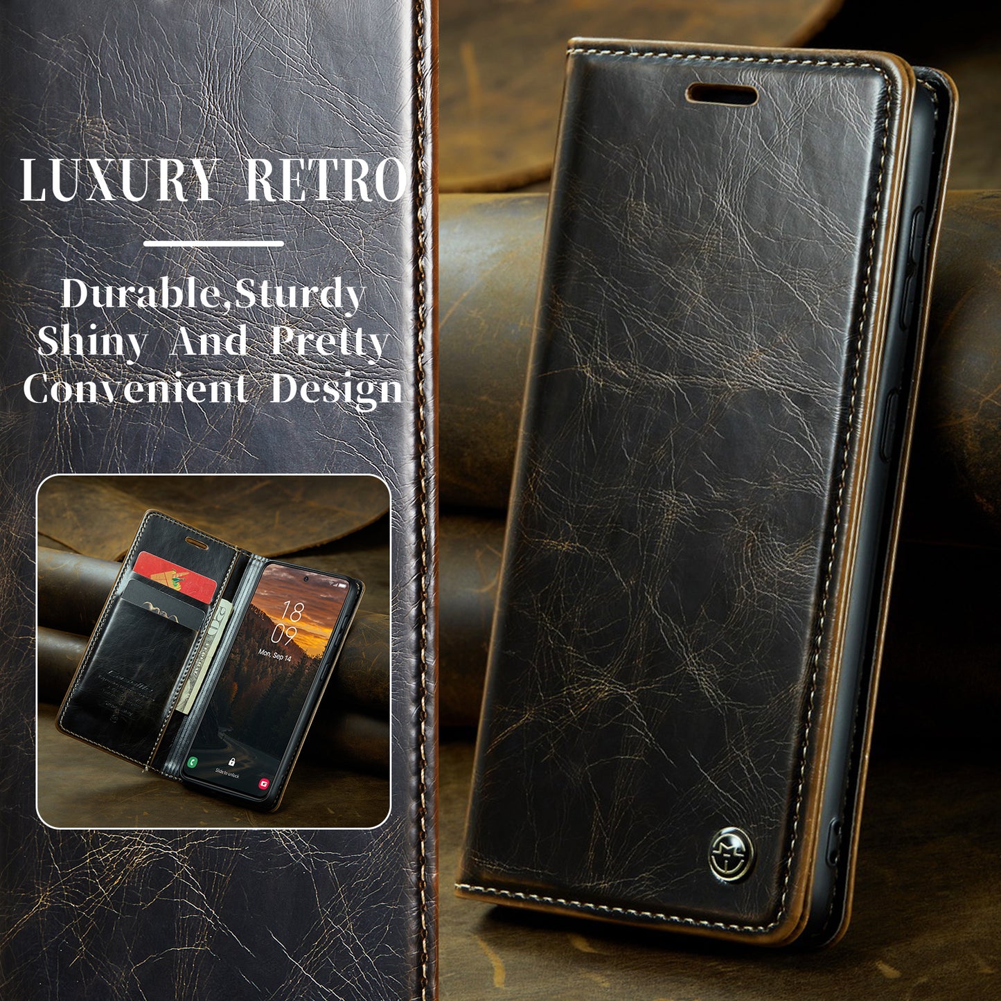 Luxury Retro Leather Samsung Galaxy S24 Case Sturdy Shiny Flip Stand